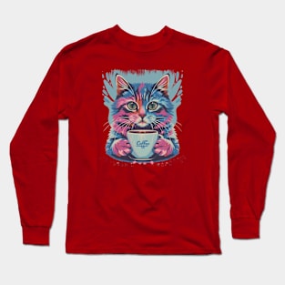 Colorful Cat And Coffee Cup Watercolor Design Long Sleeve T-Shirt